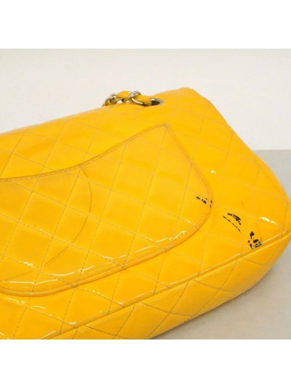Chanel Shoulder Bag Quilted Patent Leather Yellow Silver